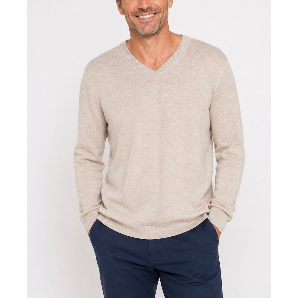 Jos. A. Bank V-Neck Sweater Mens Large Oatmeal Merino Wool Tailored Fit Classic